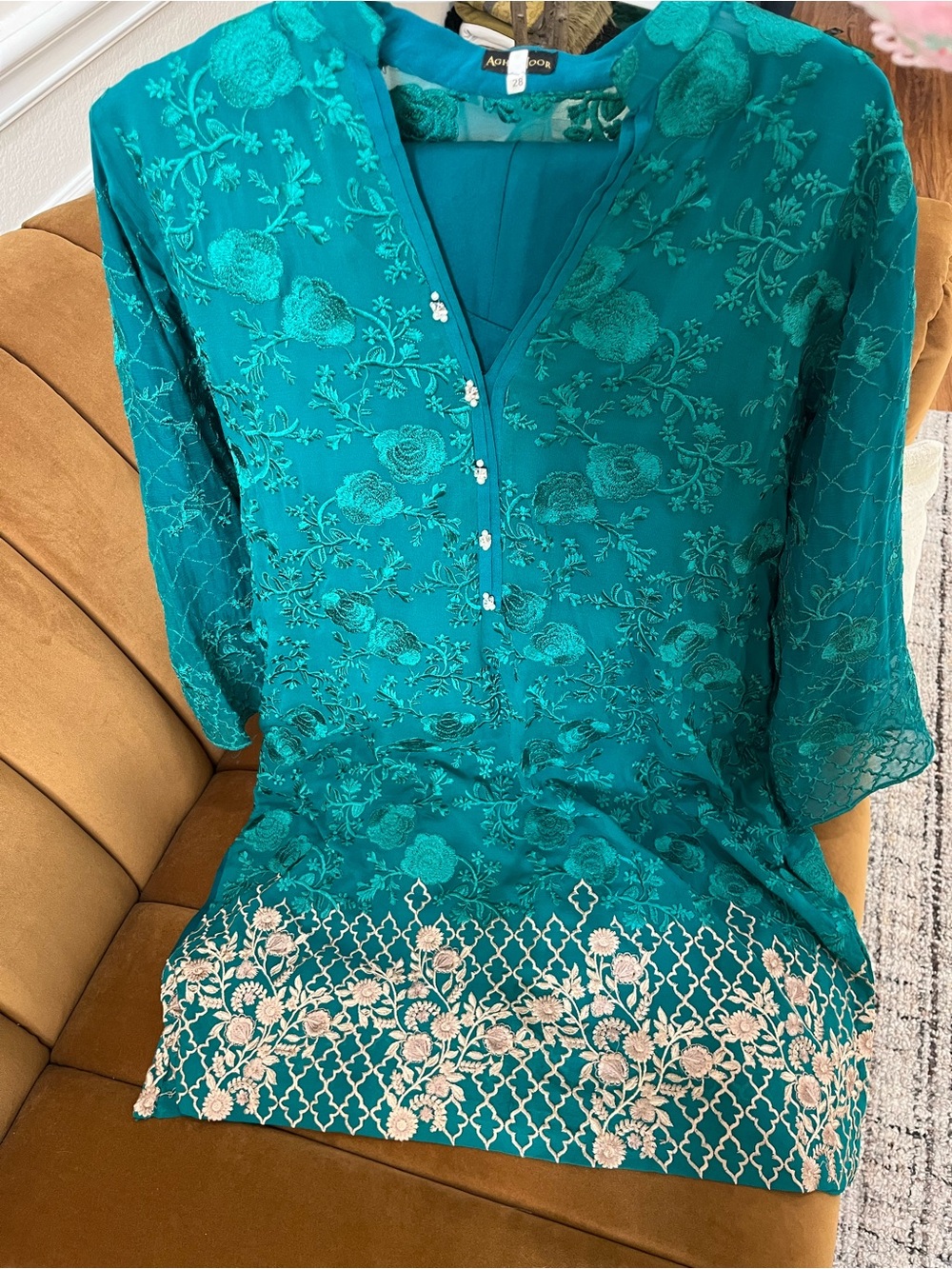 Embroidered Teal outfit with Contrast Hem - Elegant Floral Detail